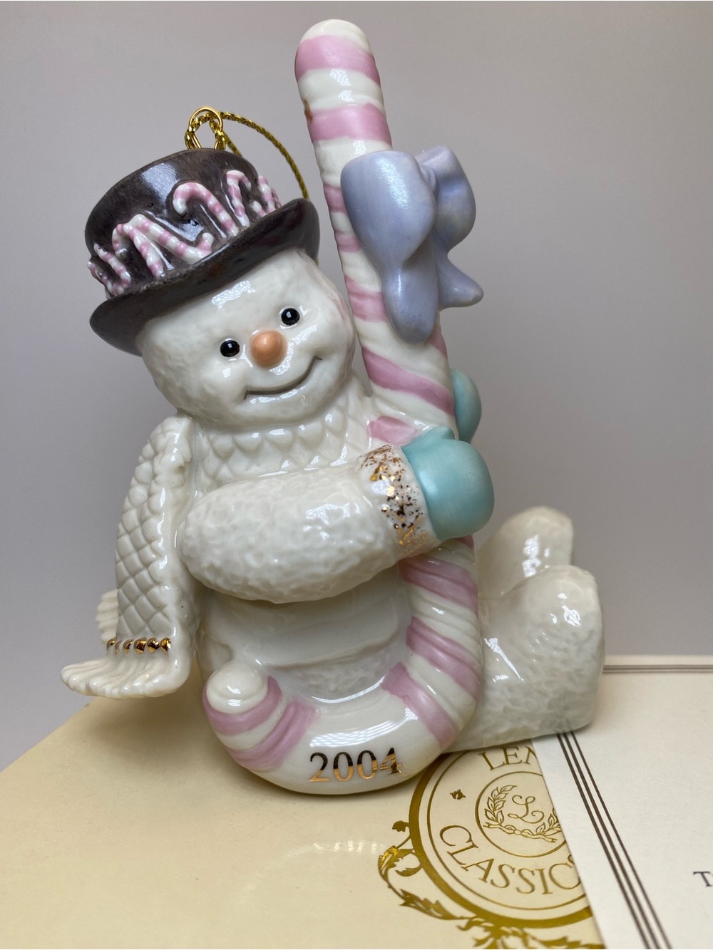 Vintage 2004 Lenox White Snowman Ornament with Pink & Blue Candy Cane COA & Box